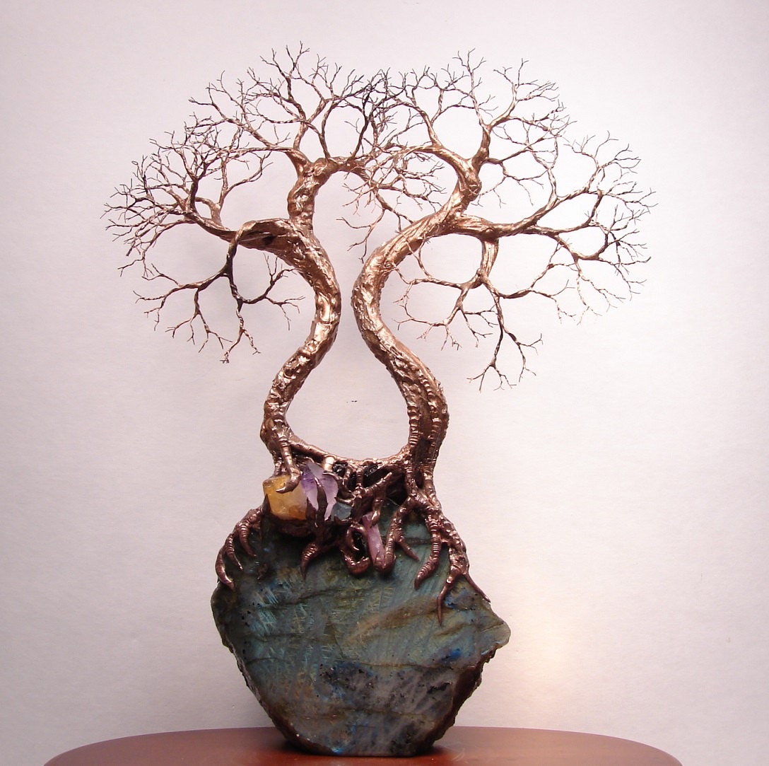 Labradorite with Tree Of Life Soul Mate Spirits sculpture and Gemstones original art, Summer, Weddings, Anniversary
