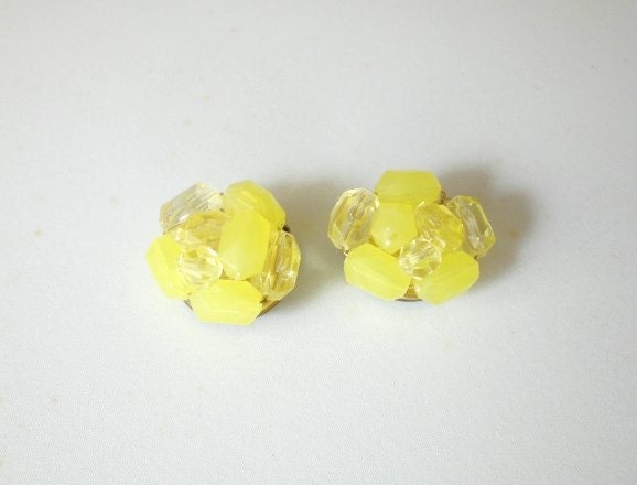 Yellow Bead Cluster Earrings Clip On W. Germany