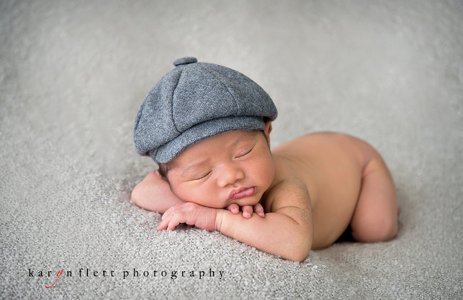Lucas Baby Boy Hat In Grey Wool, Sporty, Infant, Handmade by pink2blue. - pink2blue