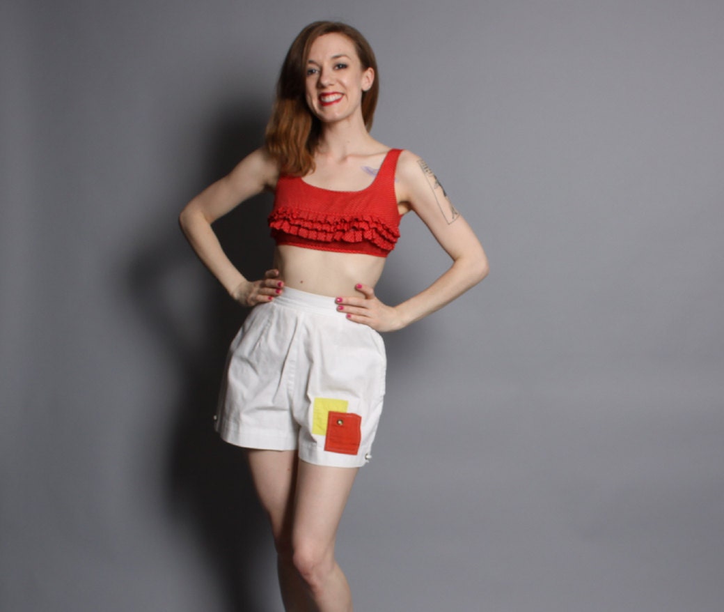 60s NAUTICAL SHORTS / White Sailor Colorblock Pin-Up Shorts, xs
