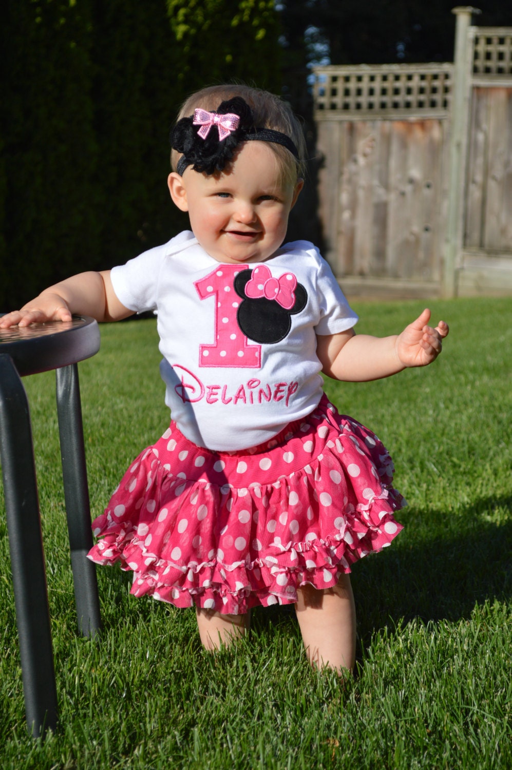 1st Birthday Minnie Mouse Onesie with Child's Name in Disney Font