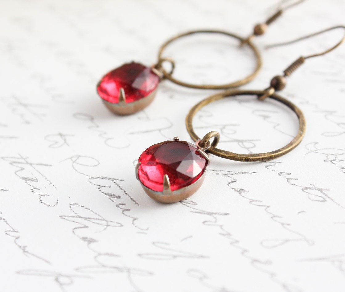 Dangle Earrings Clear Red Glass Cranberry Vintage Glass Jewelry Modern Jewellery Rustic Hammered Brass Hoops Antique Brass Long Rhinestone