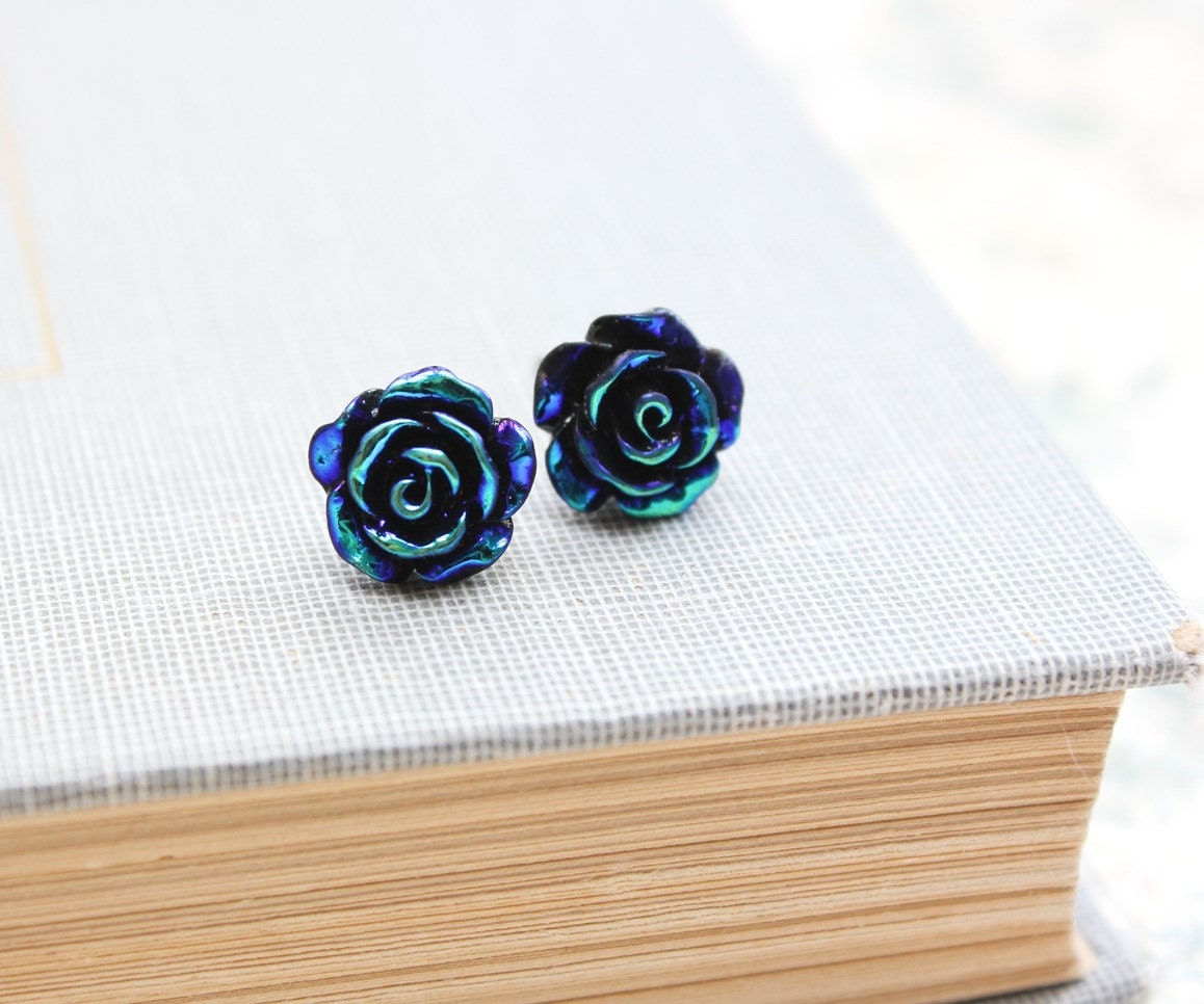 Rose Stud Earrings, Black Teal Blue, Metallic Shimmer, Midnight Rose, Surgical Steel Nickel Free Modern Accessories