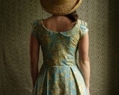 Floral toile button down  peter pan collar dress with cap sleeves, pockets, and attached petticoat- made to measure