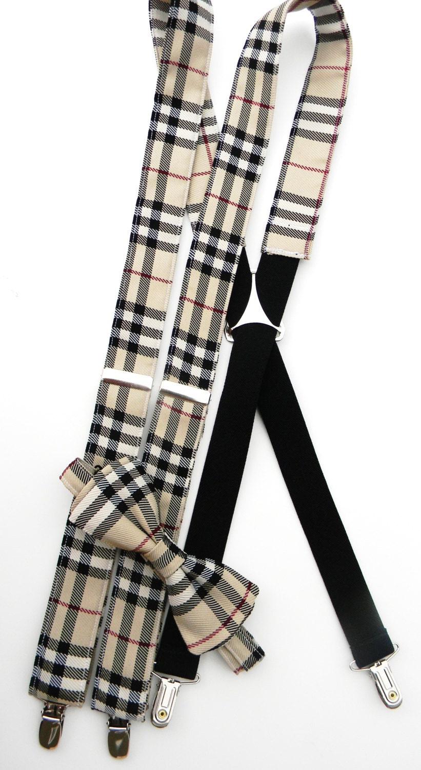 Men's Burberry Plaid Suspenders and Bow TIe Set