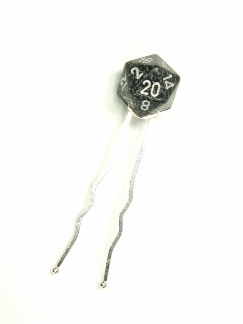 Dice Hair Accessory D-20 Black and Grey Speckled Dice Geek Nerd Hair Comb Dice Hair Stick D-20 Hair Pick