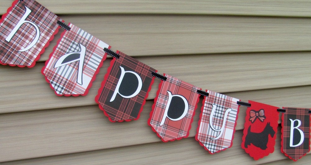 Happy Birthday Banner, Tartan Plaid Birthday Banner, Celtic Birthday Banner with Scotty Dog