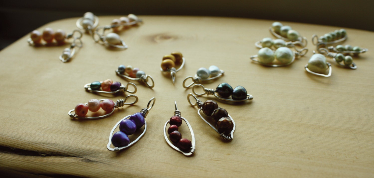 Sterling Silver Pea Pod Necklace with Five or Six Peas