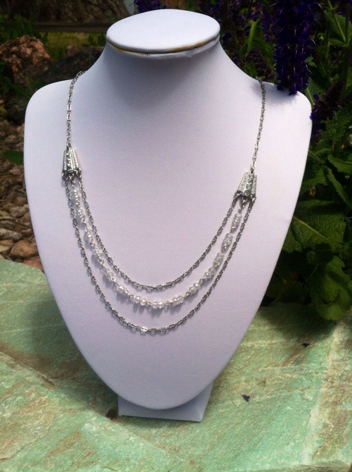 Art Deco Style Chain & Crystal Necklace - Multi-Strand Wedding Elegance