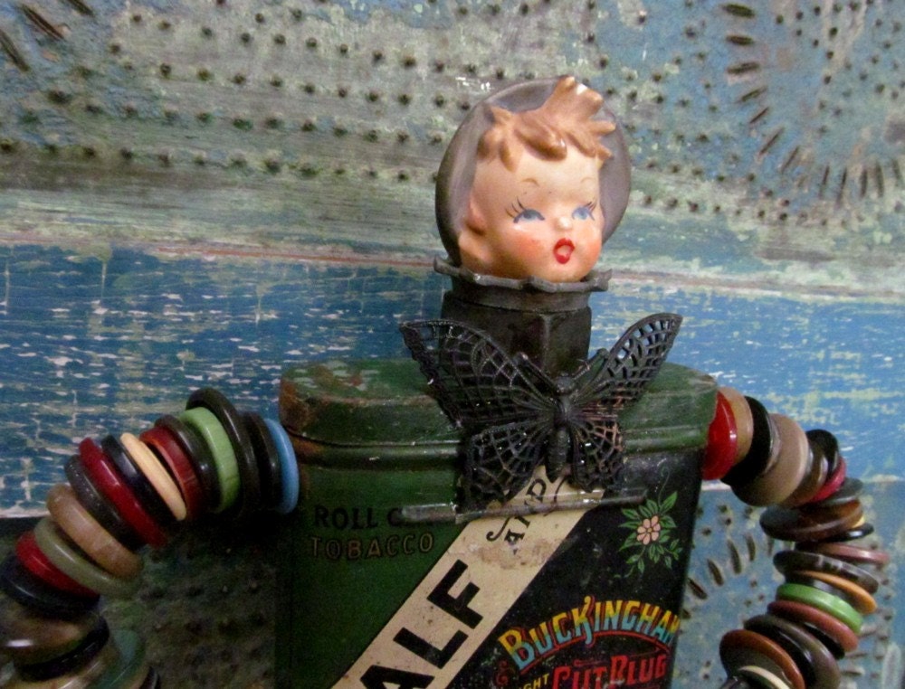 Steampunk Found Object Vintage Tin Assemblage Art Doll / BUCKY