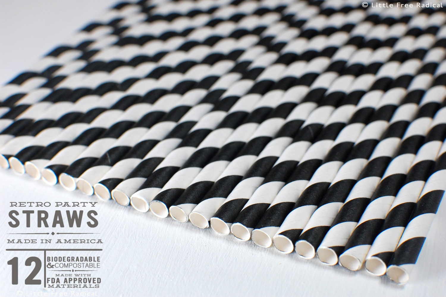 12 Black Striped Biodegradable Paper Straws  & Digital Flags - Party - Birthday - Baby Shower - Wedding