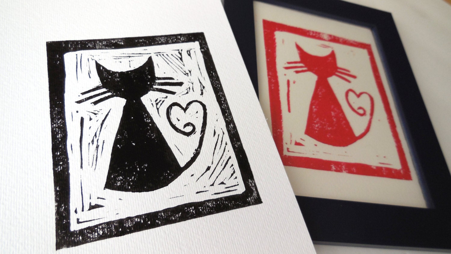 Original Linocut Cat Print, Linocut Art Block Print, Valentines Day Wall Hanging, Black Cat