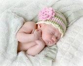 Crochet Baby Beanie with Shell Edge Flower Hat Newborn Cream/Pistachio/Soft Pink - MADE TO ORDER
