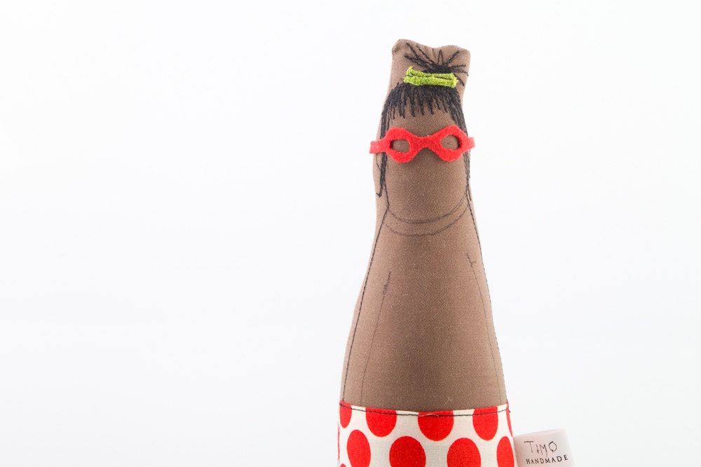 Soft sculpture  doll Ooak hip girl  - with embroidered haircut Wearing Polka Dots red skirt & glasses Handmade fabric doll for her