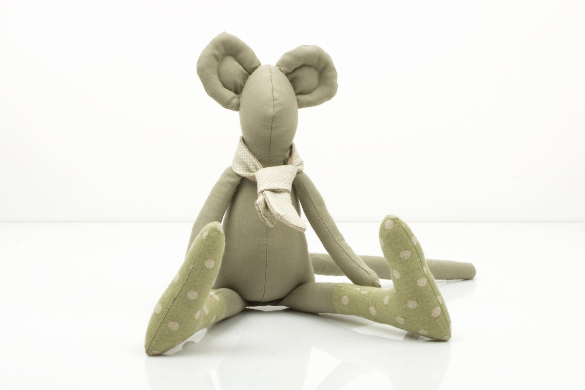 City Mouse - Khaki Greenish Mouse Wearing Canvas Green dotted socks and  a  light beige scarf -handmade fabric doll