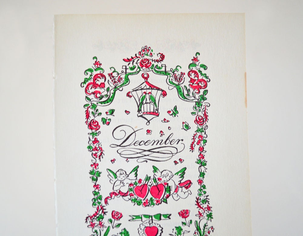 December Vintage Art Print Birthday Month Anniversary Cupid Heart Flowers Illustration Pink Green White Cursive Ornate Romantic