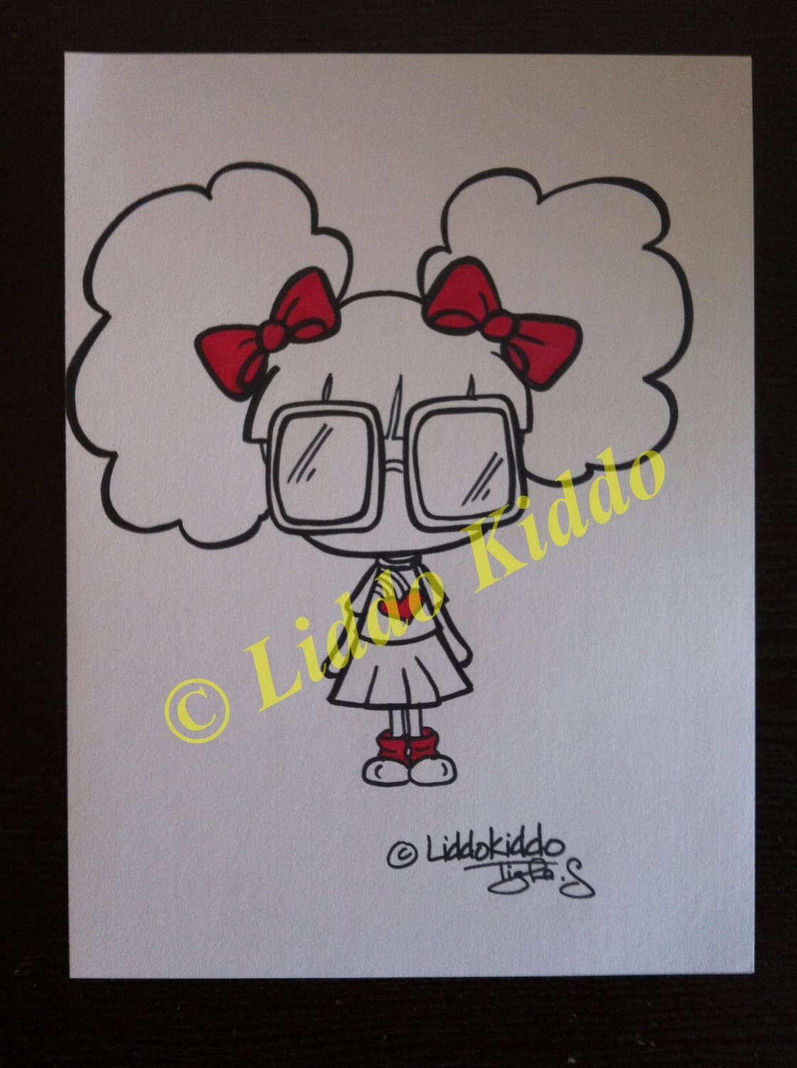 Original drawing Honey Retro girl bow rainbow red