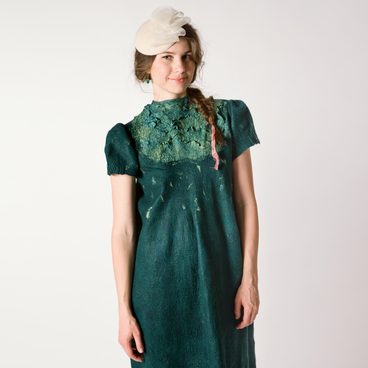 Dark green emerald felted dress, nunofelting, long dress, fashion dress, wedding idea, size S-M, OOAK