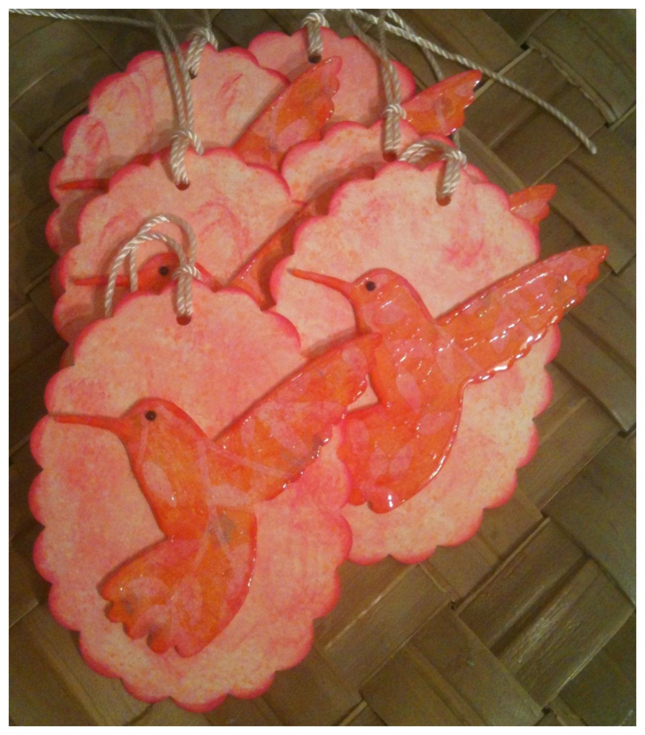 Hummingbird Handmade All Occasion Gift Tags Tie Dyed Pink Orange Dimensional Die Cut Glossy Highlights Set of 6