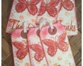 Butterfly Thank You Gift Tags Pink Orange Red Sparkly Glitter Strawberry Rhubarb Vintage Modern Distressed Heavyweight Tag  Set of 6