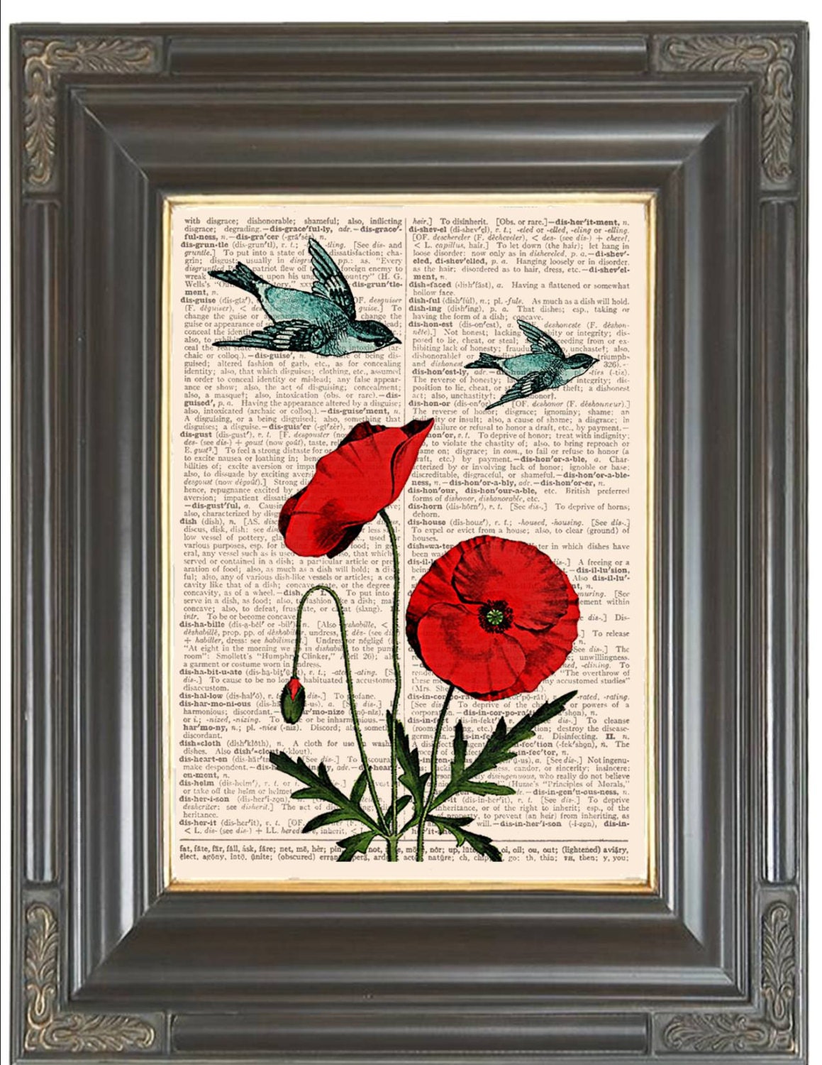BOGO SALE Orange poppies Blue bird Dictionary page art print Printed on old antique dictionary  book page. Item No. 216