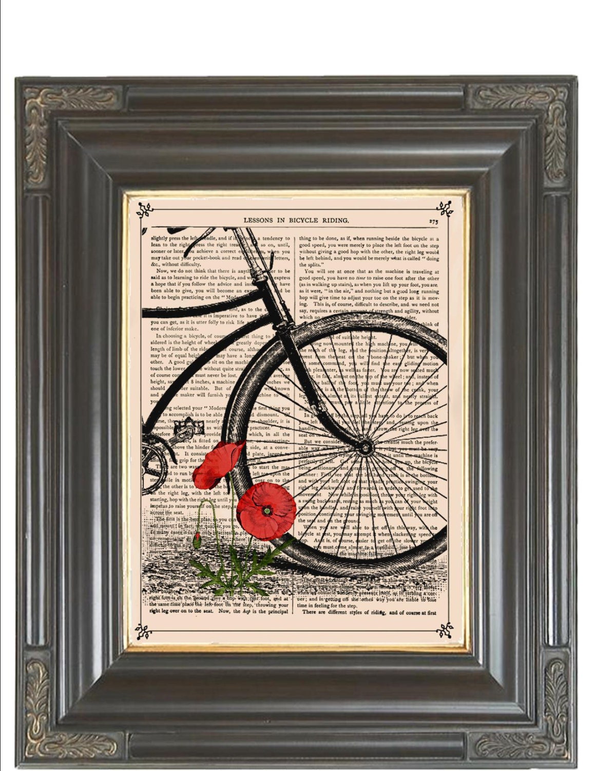 BOGO SALE Vintage bicycle Orange poppies collage Dictionary art print  printed on old antique dictionary book page. Item No. 234