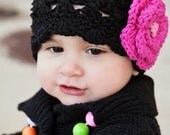 5/Tween or Teen/Adult  Flapper Style Shell Beanie, Crocheted Hat in Black, Hot Rose, and Pink