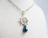 Ship Wheel & Blue Crystal Drop Nautical Necklace