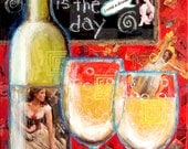 Framed Original Textural Collage Art Today Wine Still Life Painting Bottle Glass Gold Red White Black Champagne Chardonnay Pinot 16 x 20