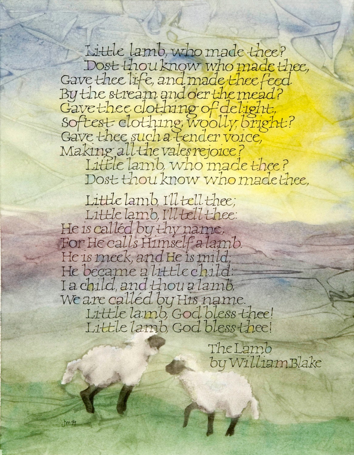 Lovely -  Little Lamb calligraphy based on William Blake's poem 8 1/2 x 11 inch reproduction