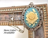 40x30 Rose Cameo Necklace in Ivory & Turquoise Blue on Ornate Cabochon Setting in Antique Silver