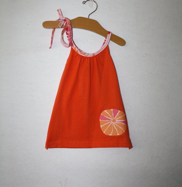 Baby Dress in orange jersey cotton with flower applique Size 6-12 months