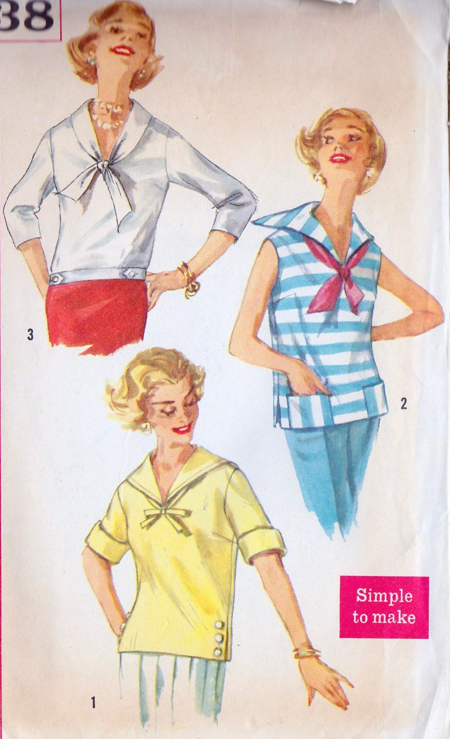 1950s Misses Sailor Blouse Vintage Sewing Pattern, Beach, Summer Fashion, Simplicity 2438 bust 32"