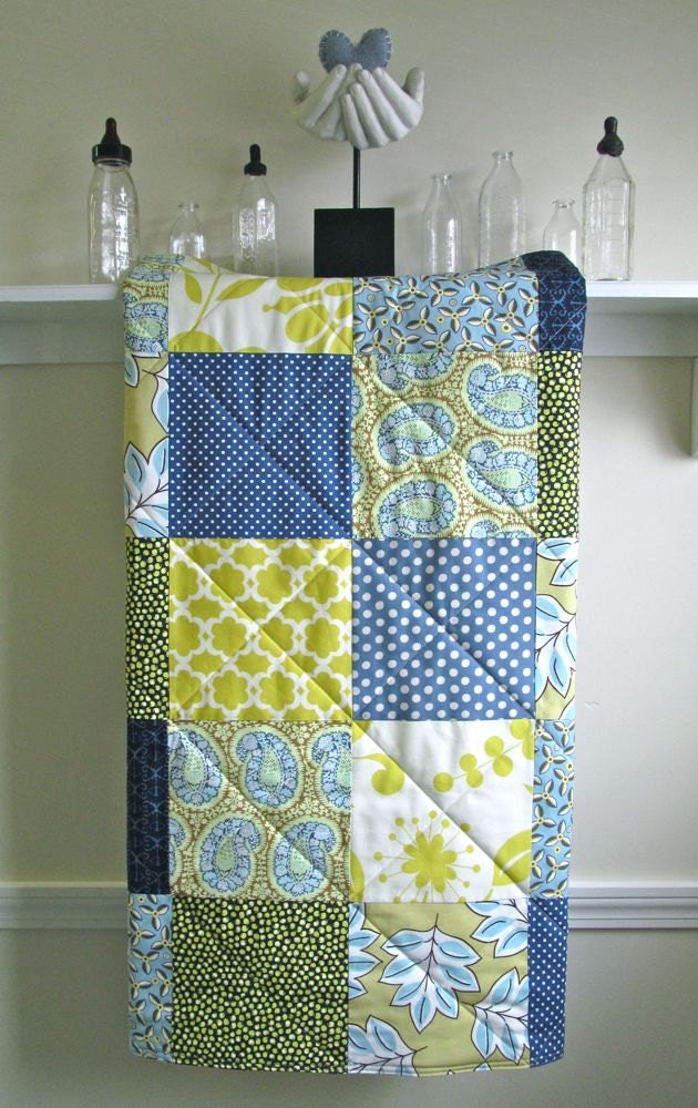 Modern Baby Boy Quilt - Blue Paisley - Gender Neutral Crib Quilt in Navy, Citron, Blue, and Ivory