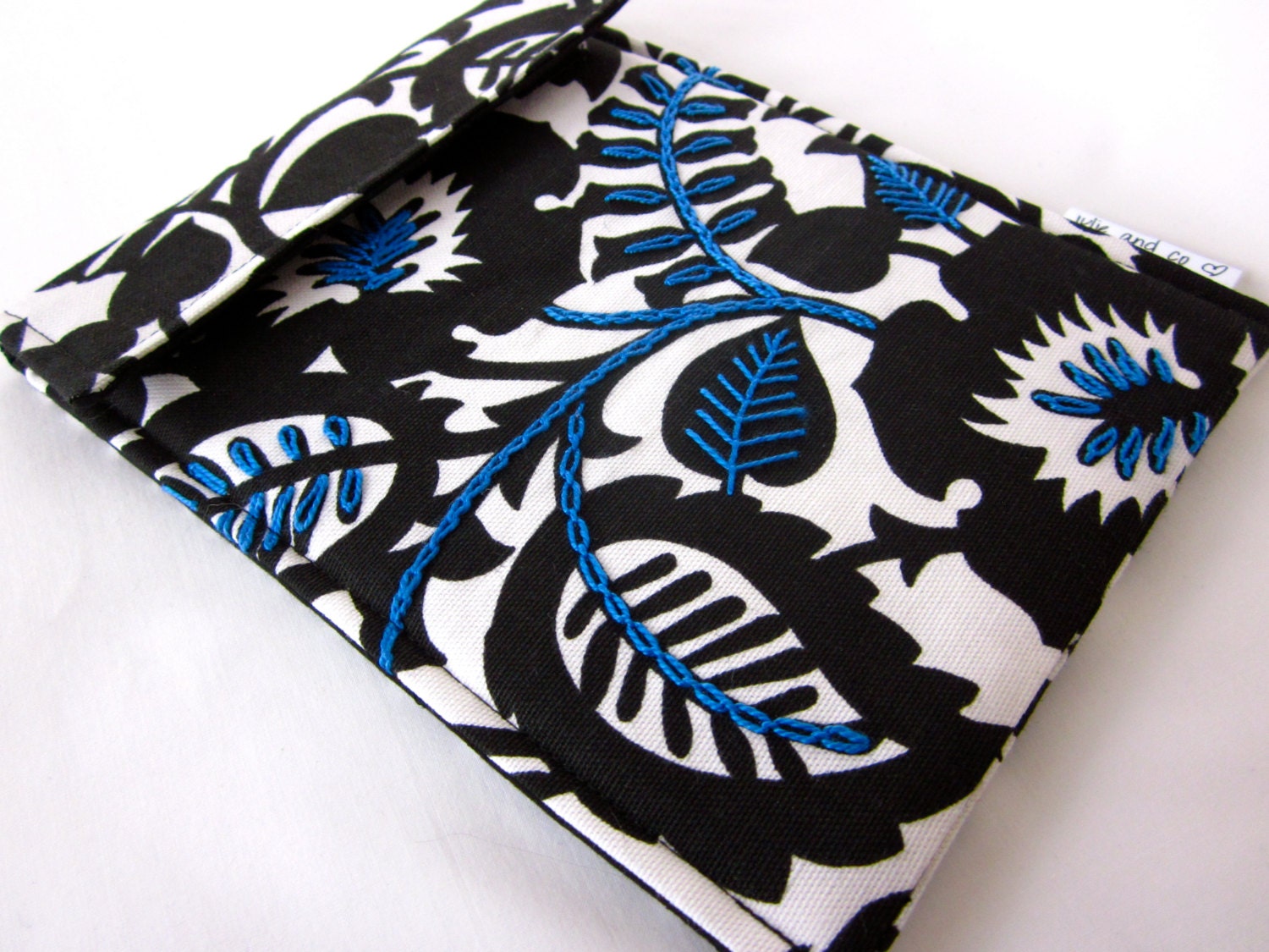 iPad mini OR kindle fire OR nook hd sleeve hand embroidered - indigo blue and black on white home decor fabric - gadget padded case cover