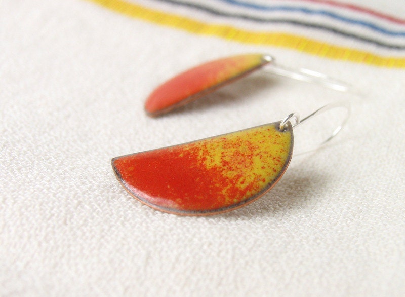 Enamel earrings yellow orange dangle drop summer jewelry fashion halfmoons by Alery