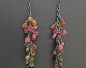 Long Sexy Tourmaline Cascade Earrings Ombre Pink Multicolor Tourmaline Teardrop Earrings Sterling Silver Rainbow Colors