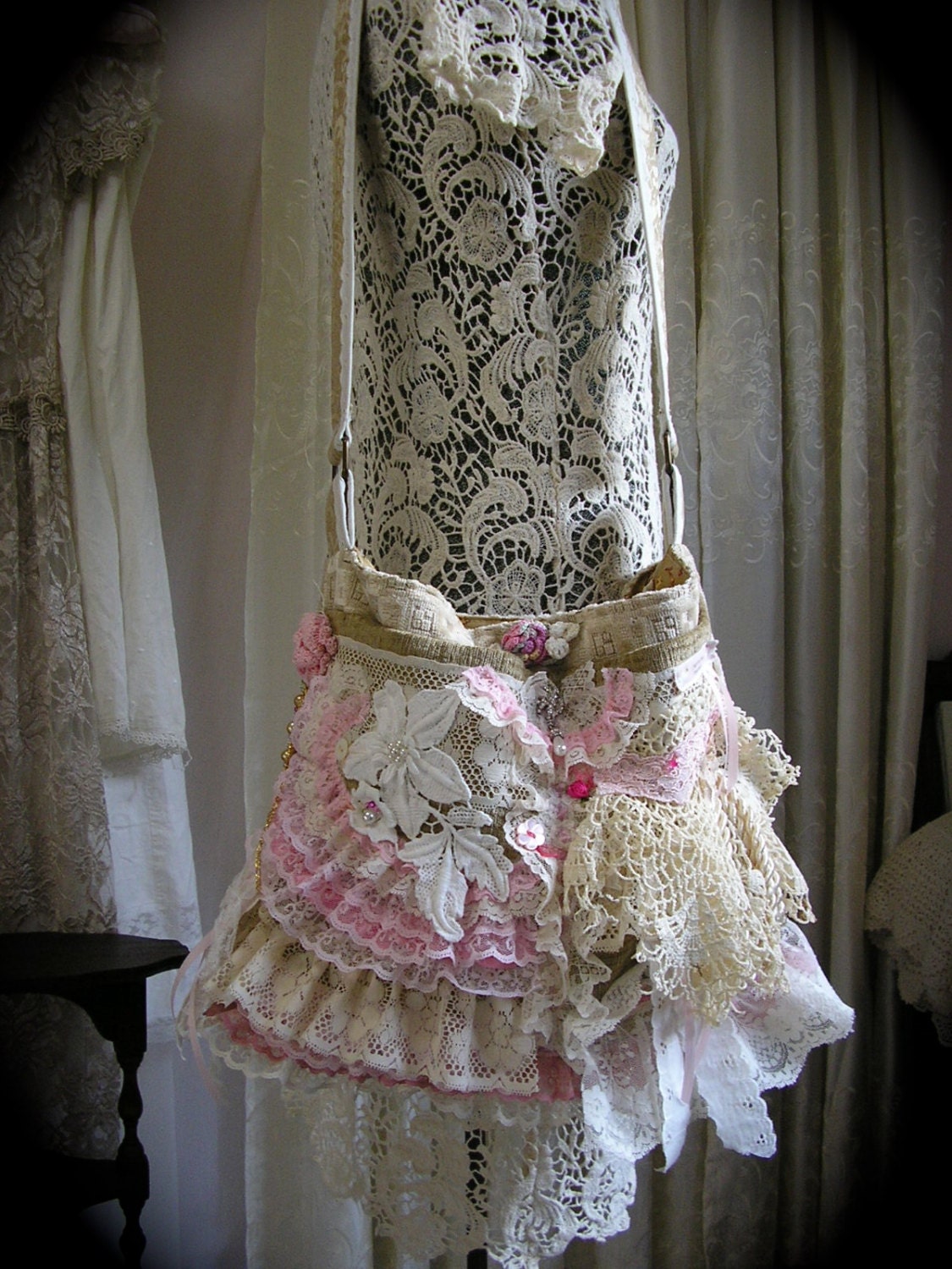 Large Fufu Shabby Bag, romantic pink ruffled laces, heavy thick chenille, overnight weekend, long crossover shoulder strap, pockets