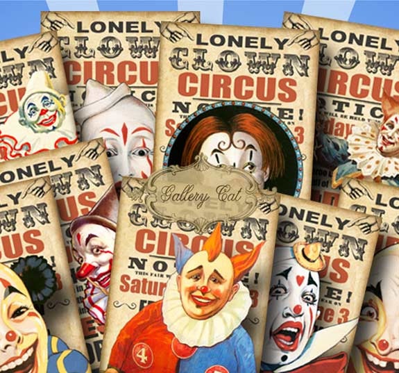 LONELY CLOWN Circus Digital Collage Sheet Instant Download for Party Tags Cards Scrapbooking Paper Crafts Vintage Carnival Gallery Cat CS217