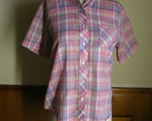60s plaid blouse pink madras pastel top medium