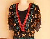 80s dress Egyptian bird print boho V neck medium large