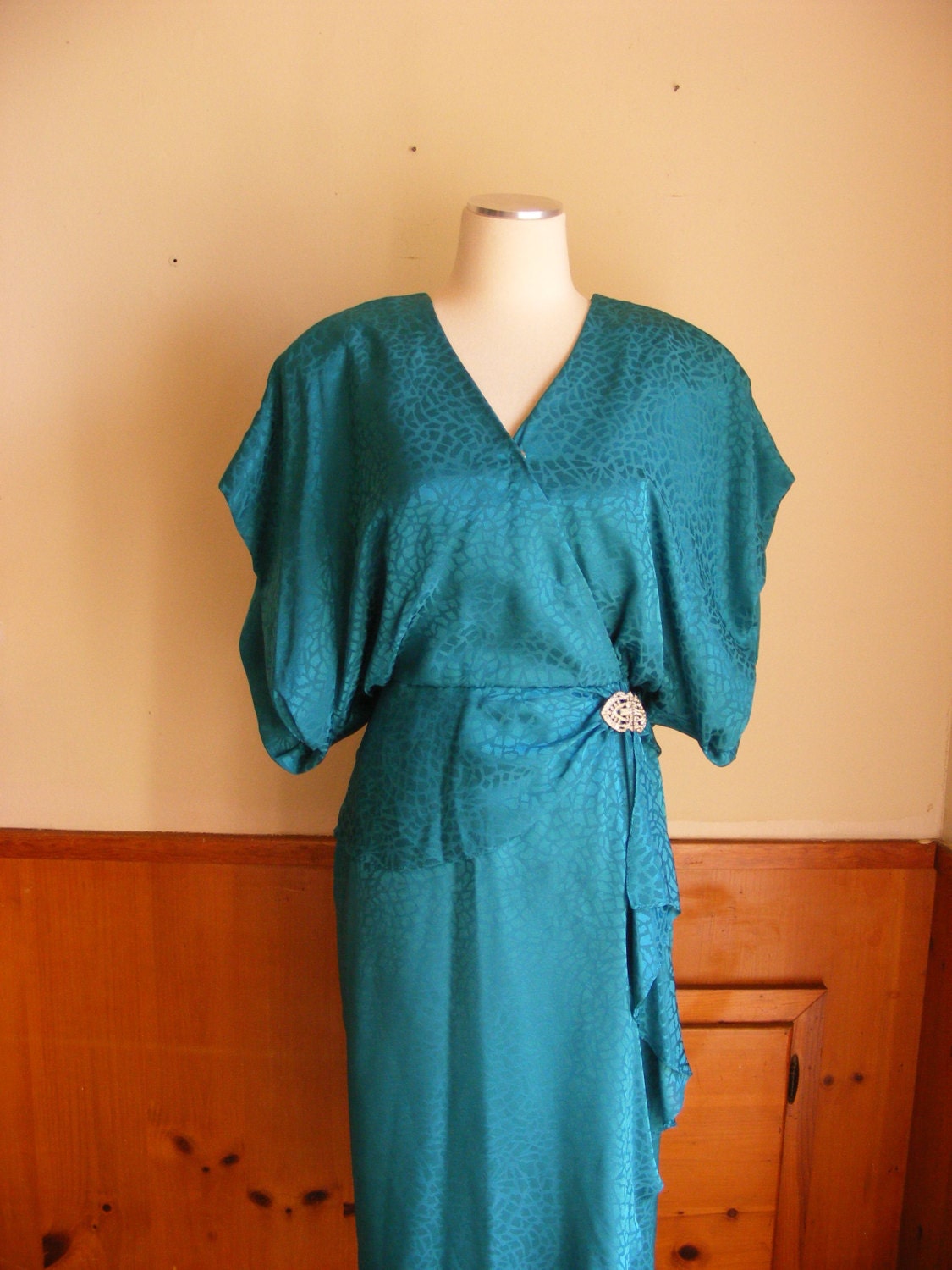 80s dress avant garde teal kimono sleeve rhinestone detail small medium