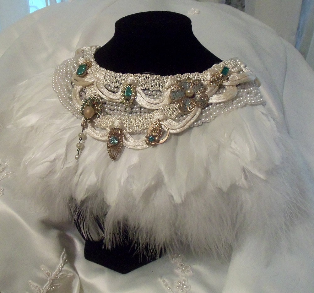 Feather Bridal Collar Necklace, Statement Vintage Couture Wedding Neck Piece, White with touch of vintage blue jewellery.