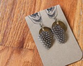 Brass Coin and Guinea Hen Feather Earrings