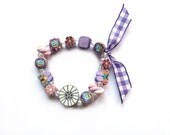 Lilac Girls Stretch Bracelet, children jewelry, lilac violet purple polymer clay, Medium, with violet gingham ribbon - fillette jewelry