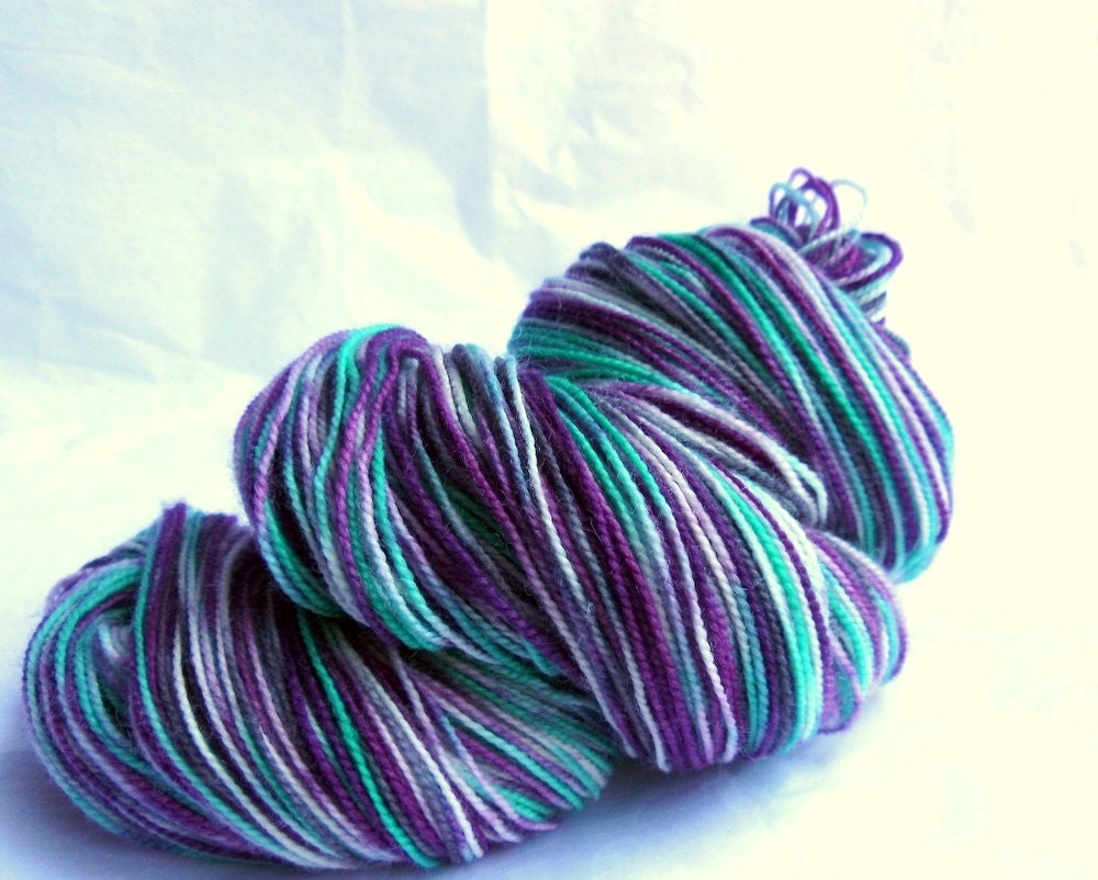 Sock Yarn, BFL/Nylon,  High Twist Knitting Wool, Green, Purple, Grey