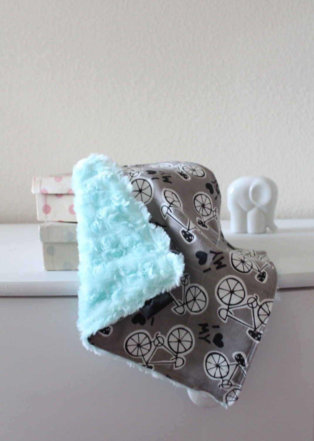 I Heart My Bike grey flannel with Blue swirl faux fur Mini Blanket
