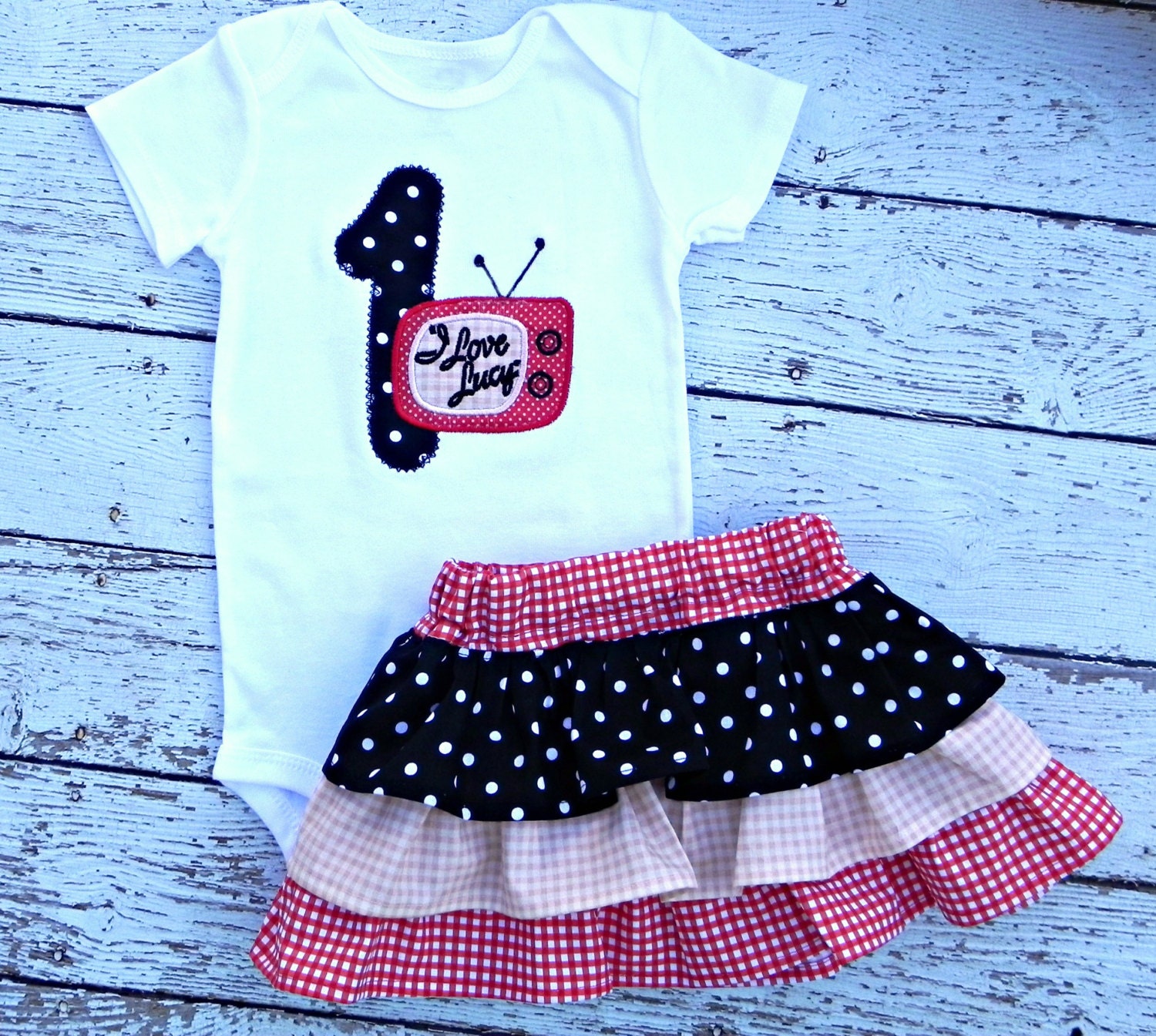 I Love Lucy Retro First Birthday Personalized Shirt or Baby Onesie with Matching Ruffle Skirt
