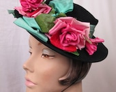 1940s Black and Pink Floral Brim Hat