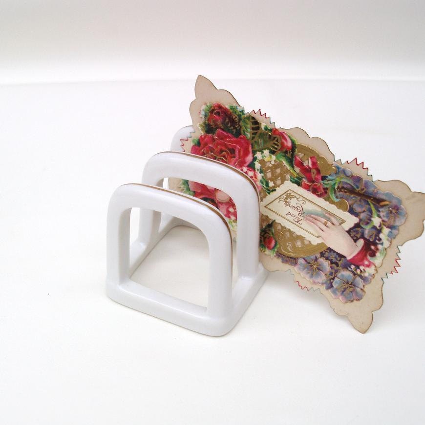 Toast Rack - Toast Holder - Letter Holder -  Mail Organizer - White Porcelain - Gold Trim